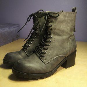 Gray and black platform combat boots
